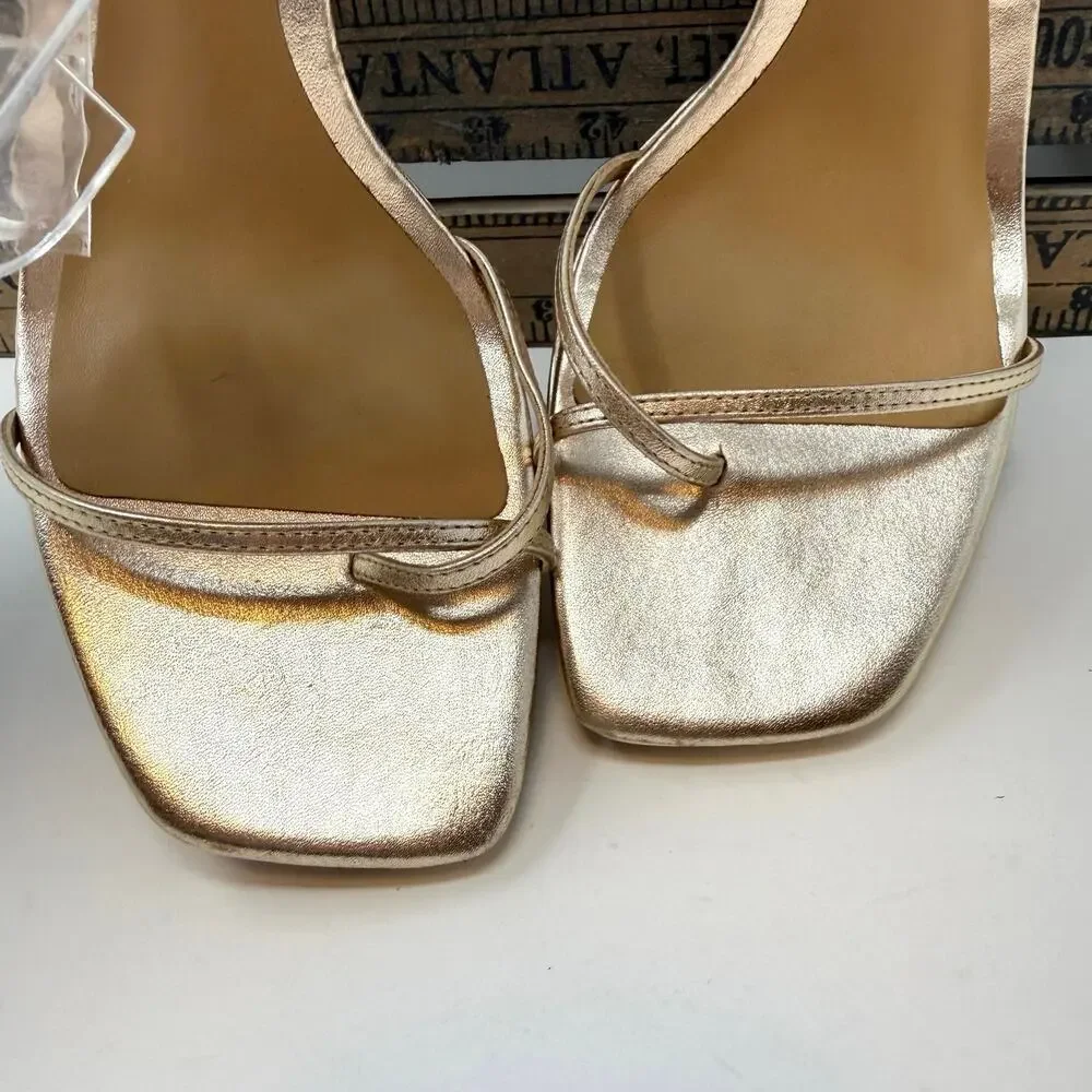 Reformation Gilda Platform Square Toe Heeled Sandal In Metallic Gold Size 8